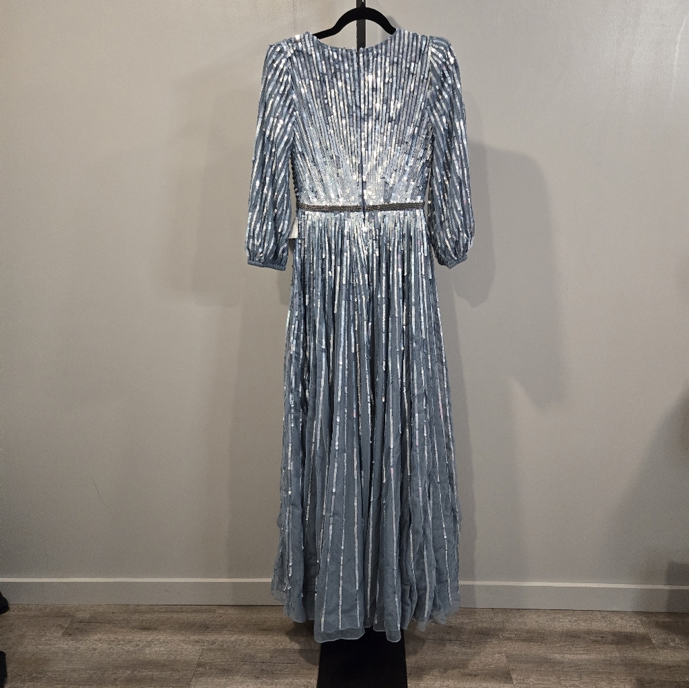 NEW MAC DUGGAL 5509 $598 SLATE BLUE SEQUINED 3/4 SLEEVE TULLE LONG GOWN Size 4 - Picture 8 of 12
